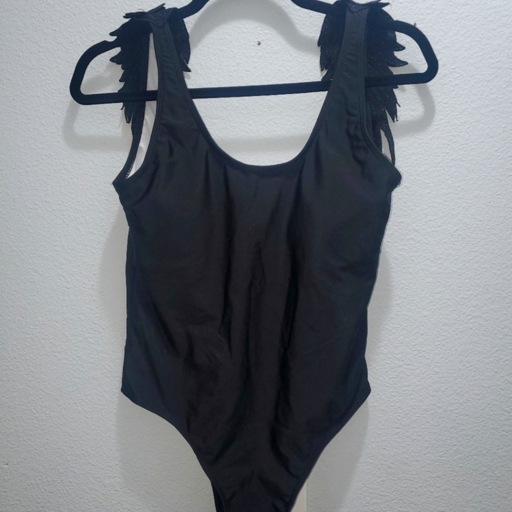 Wing applique low back, scoop neck, Brazilian one-piece swimsuit.